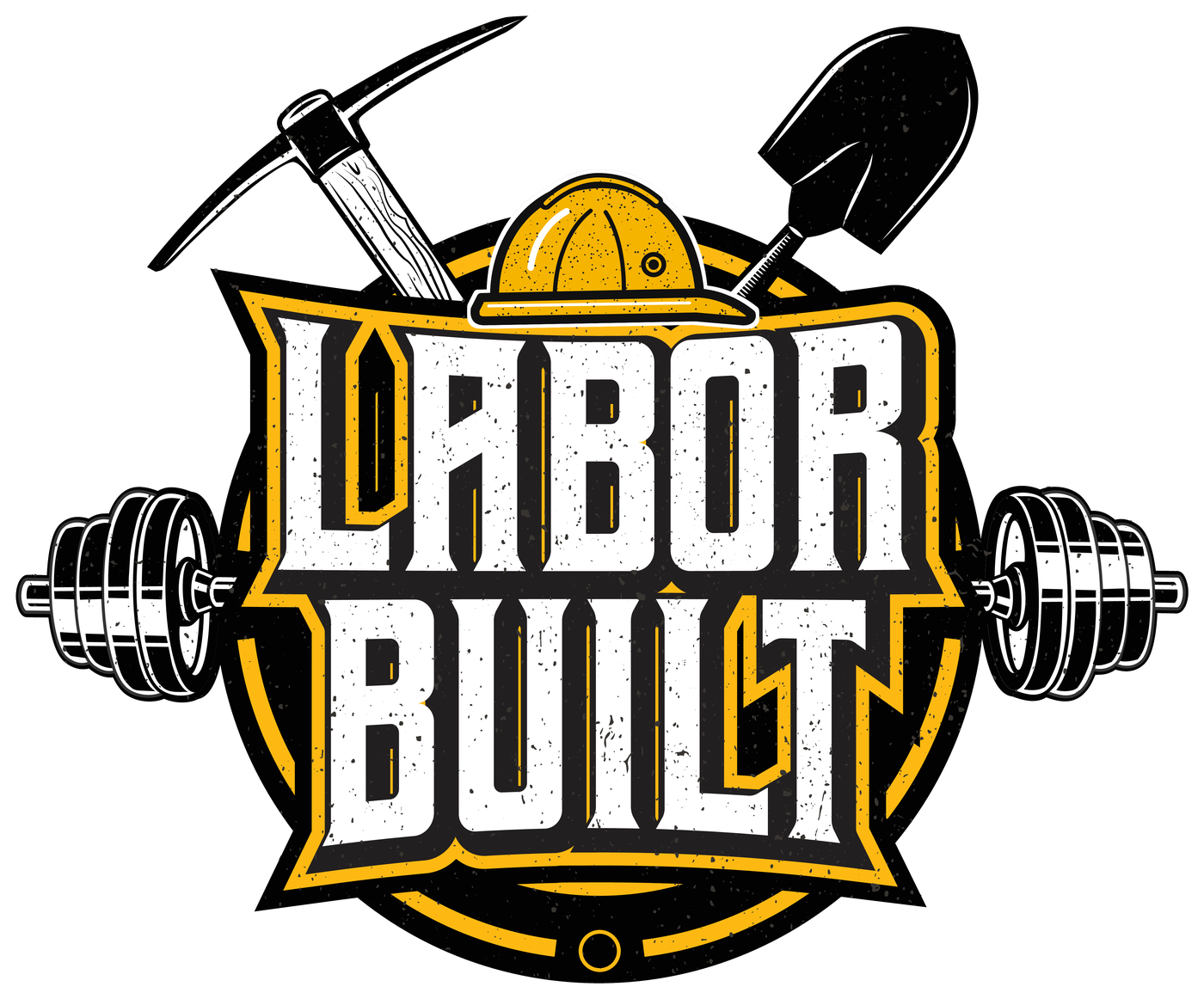 Labor Built logo: pick, shovel and hard hat above a black and yellow badge with a barbell through it