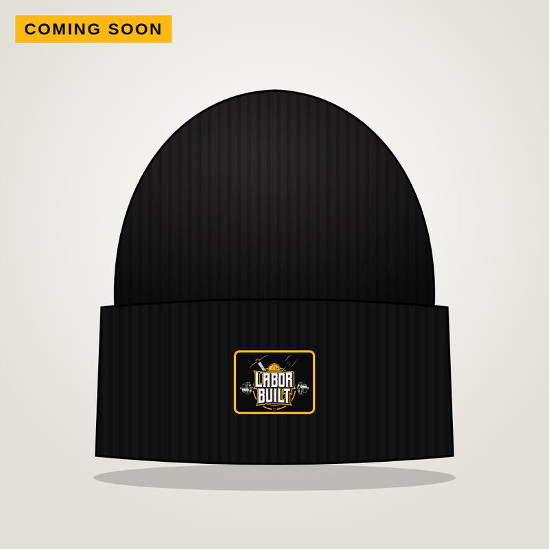 Black cuffed Labor Built beanie with a logo patch, coming soon