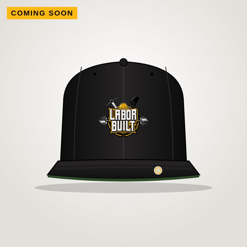 Black flat brim Labor Built cap with green undervisor, coming soon