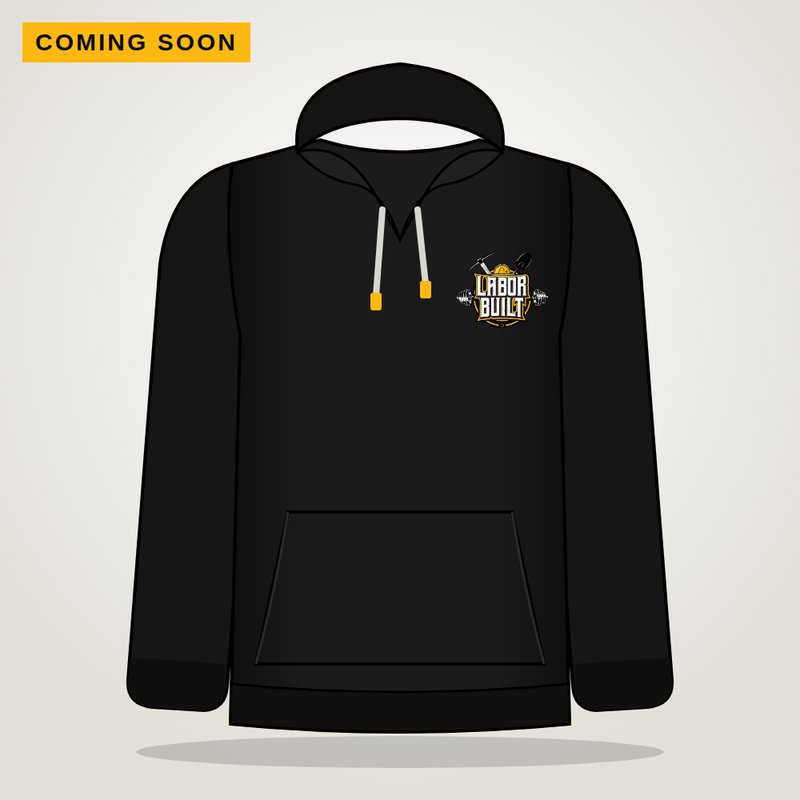 Black Labor Built hoodie with full-color logo on the chest, coming soon